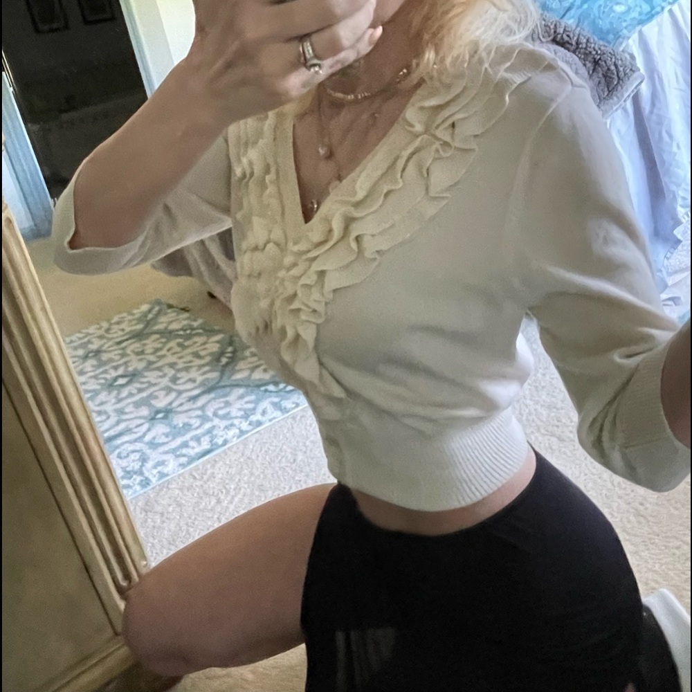 Y2k Cream ivory vintage ruffle crop cardigan
